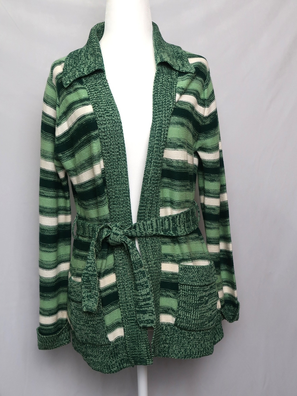Green Striped Belted Women's Sweater Cardigan